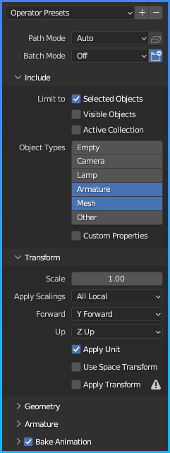 blender export settings