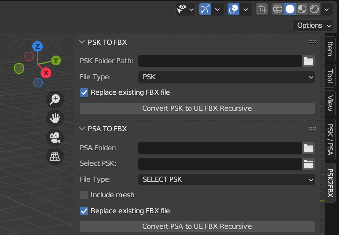 PSK2FBX tab in Blender sidebar